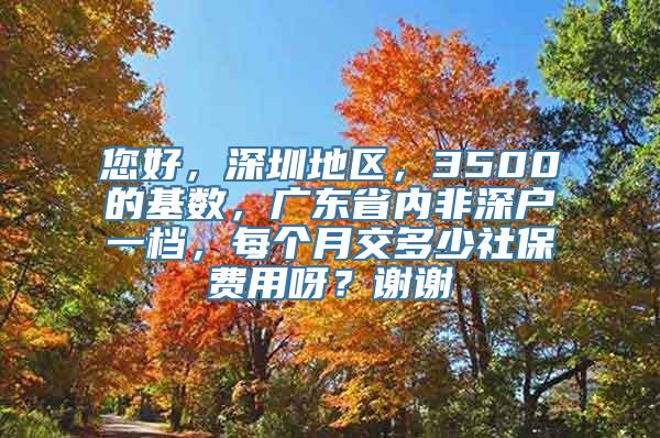 您好，深圳地区，3500的基数，广东省内非深户一档，每个月交多少社保费用呀？谢谢